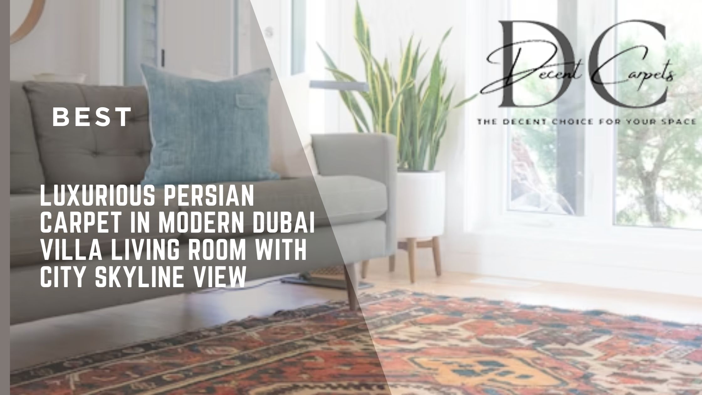 Luxurious Persian carpet in modern Dubai villa living room with city skyline view"